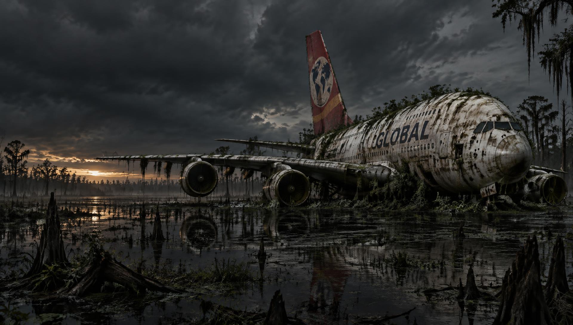 Conceptual artwork of a weathered Global Airlines A380 in a dark swamp.